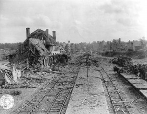 Railway station and city of Saint-Lô destroyed after the Invasion of Normandy. Source: U.S. National Archives.