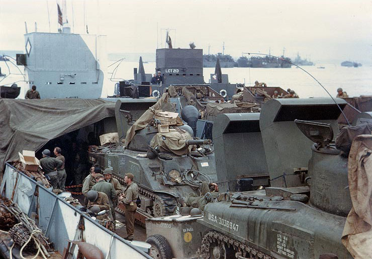 U.S. Army M4 Sherman tanks and other equipment loaded in a LCT, readying for the invasion of France. (Late May or early June, 1944). Source: U.S. National Archives, # USA C-724.