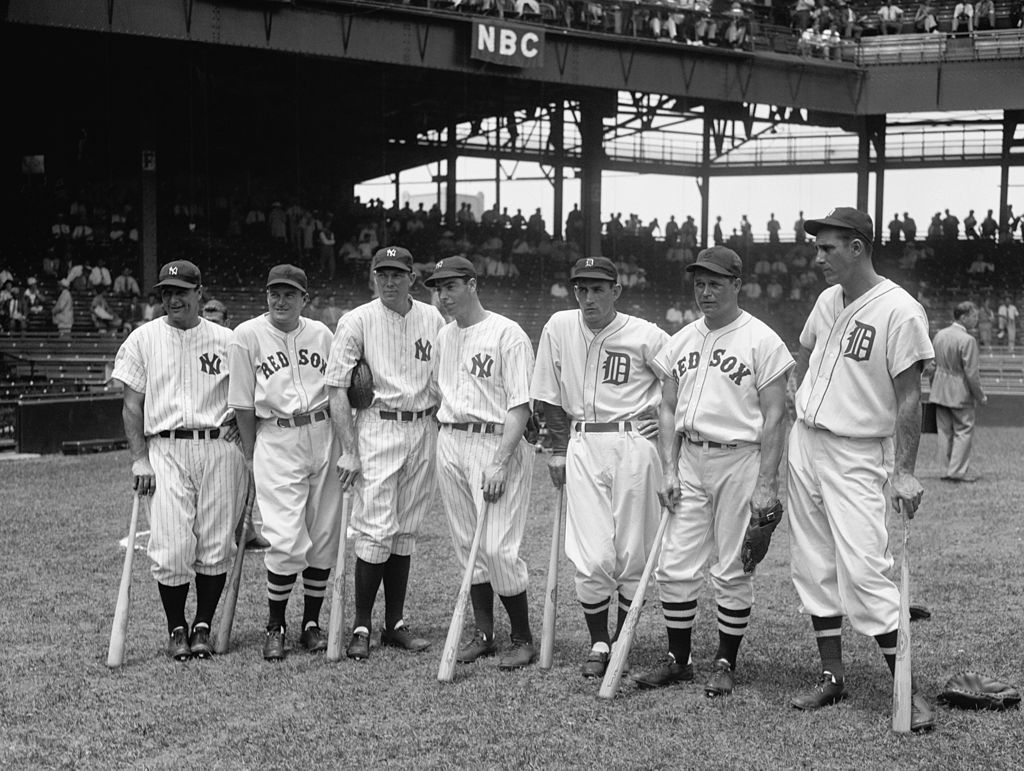 Seven of the players making up the 1937 American League All-Star team. From left to right is Lou Gehrig, Joe Cronin, Bill Dickey, Joe DiMaggio, Charlie Gehringer, Jimmie Foxx, and Hank Greenberg. Source: Wikipedia.