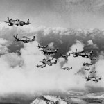 Jim Beckwith in "Squirt" of the 47th FS, 15th FG leads a group of P-51's from the 45th FS, 15th FG over Iwo Jima. (March 7, 1945). Source: Mark, www.7thfighter.com.