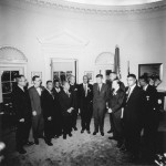 Photograph of President's meeting with March leaders, left to right: Willard Wirtz, Martin Luther King, Jr, Eugene Carson Blake, John F. Kennedy, Lyndon B. Johnson, Walter Reuther. (Aug. 28, 1963). Source: U.S. National Archives #194276.