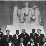 Leaders of the march posing in front of the statue of Abraham Lincoln, Lincoln Memorial.  (Aug. 28, 1963). Source: U.S. National Archives #542063.